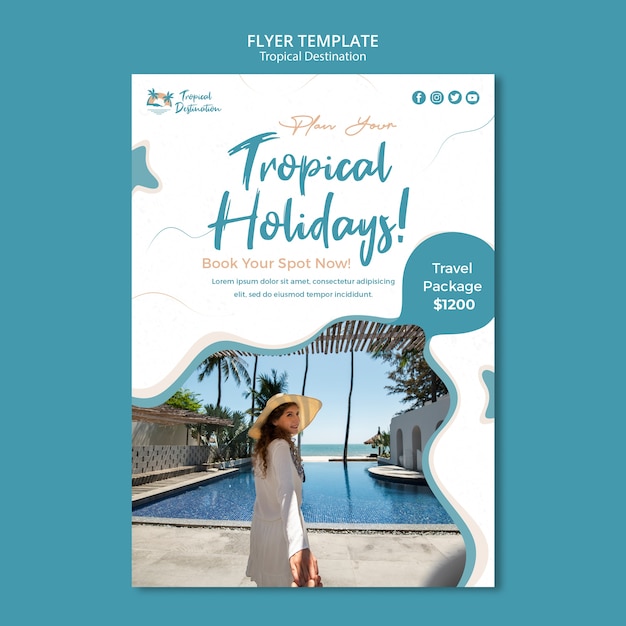 Modelo de design de cartaz de destino tropical de design plano