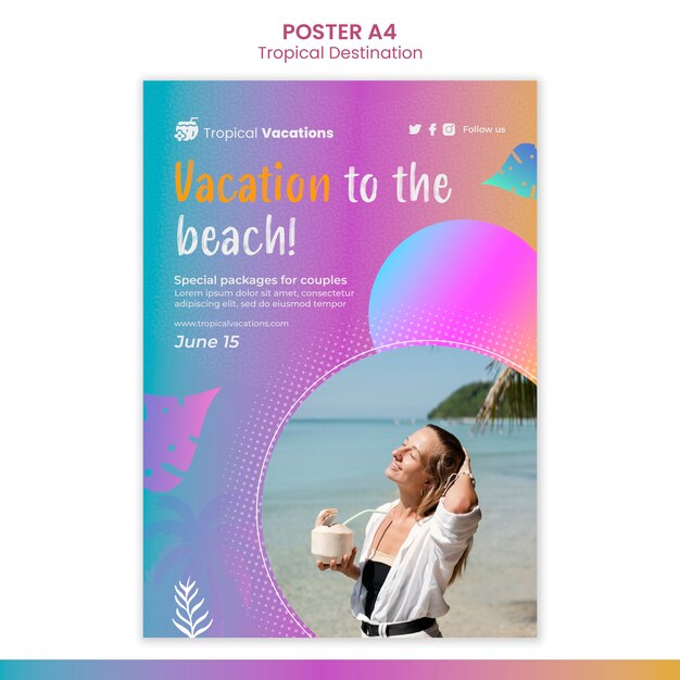 Modelo de design de cartaz de destino tropical gradiente