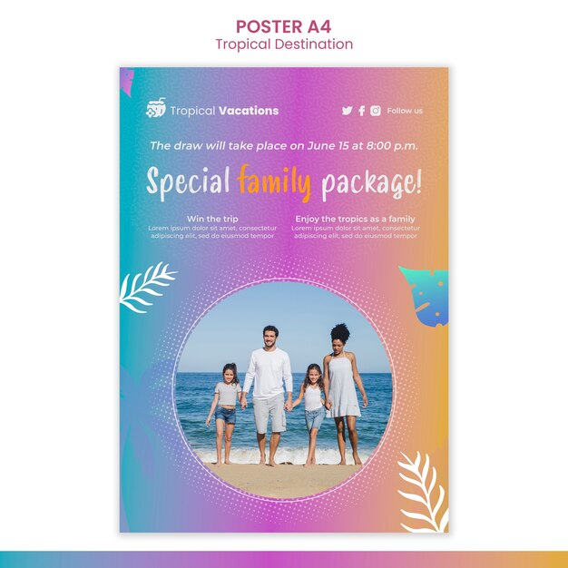 Modelo de design de cartaz de destino tropical gradiente