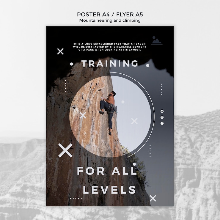 PSD grátis modelo de design de folheto ou cartaz de montanhismo e escalada