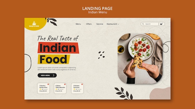 PSD grátis modelo de design de página de destino de comida indiana