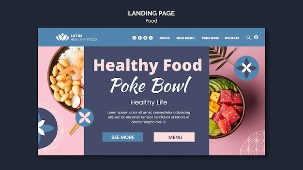 Modelo de design de página de destino de refeição poke bowl