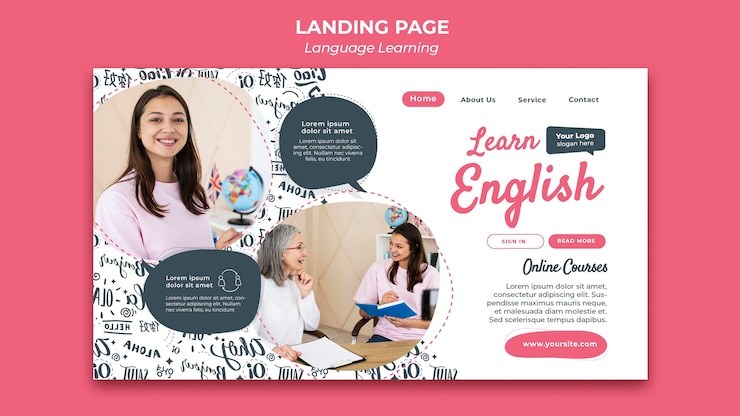 PSD grátis modelo de design de página de destino para aprendizagem de idiomas