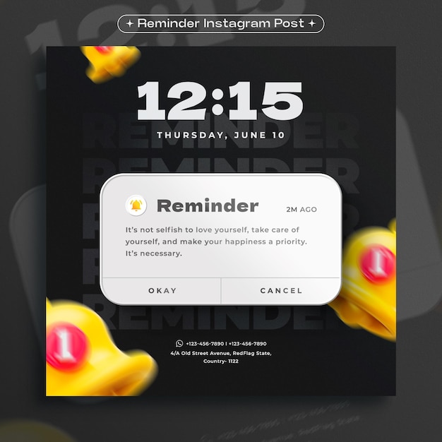PSD grátis modelo de design de postagem do instagram de lembrete de notificação