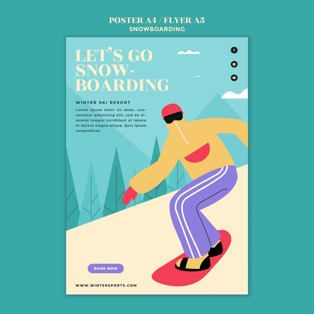 Modelo de design de pôster ou folheto de snowboard