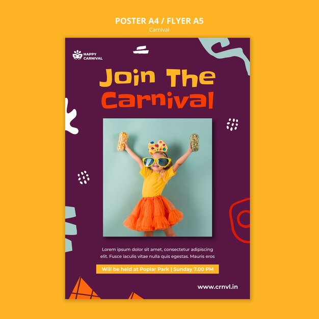 Modelo de design plano de cartaz ou folheto de carnaval