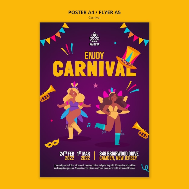 PSD grátis modelo de design plano de cartaz ou folheto de carnaval