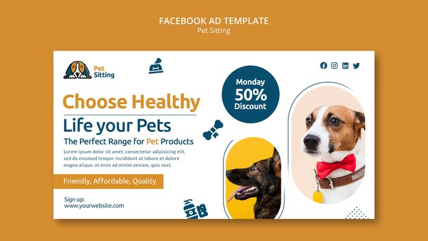 Modelo de facebook de animal de estimação de design plano