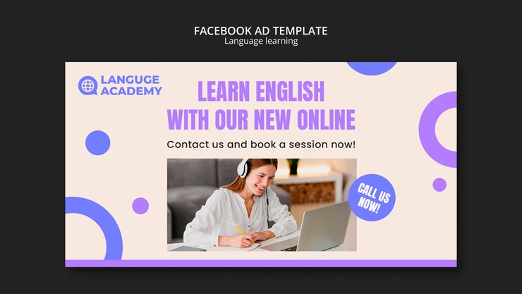 PSD grátis modelo de facebook de aprendizado de idiomas de design plano