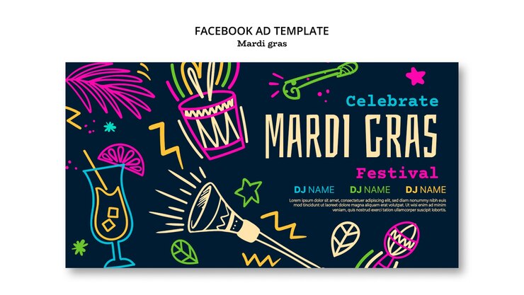 PSD grátis modelo de facebook de mardi gras de design plano