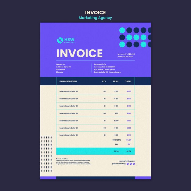 Modelo de fatura de agência de marketing de design plano
