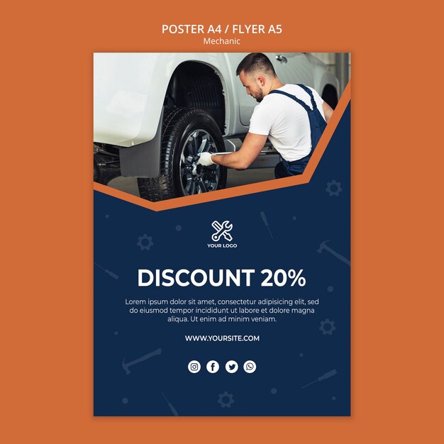 Modelo de folheto com carro de reparação mecânico