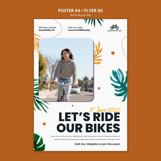 Modelo de folheto do dia mundial da bicicleta botânica