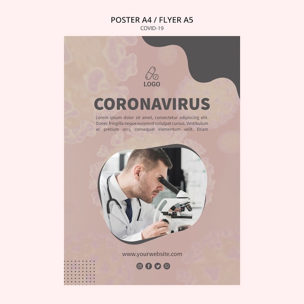 PSD grátis modelo de folheto - homem olhando através do microscópio coronavírus