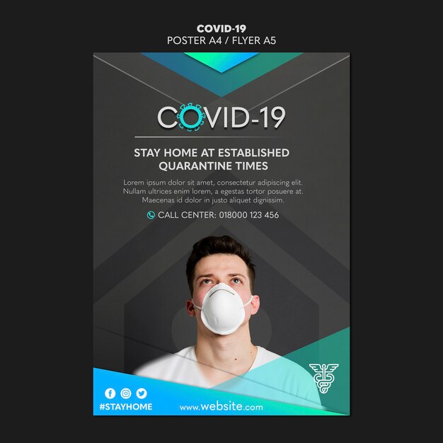 Modelo de folheto - homem vestindo uma máscara covid-19