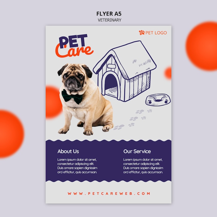 PSD grátis modelo de folheto para cuidados com animais de estimação com cachorro usando uma gravata borboleta