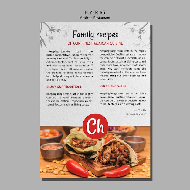 Modelo de folheto para receitas de família no restaurante mexicano