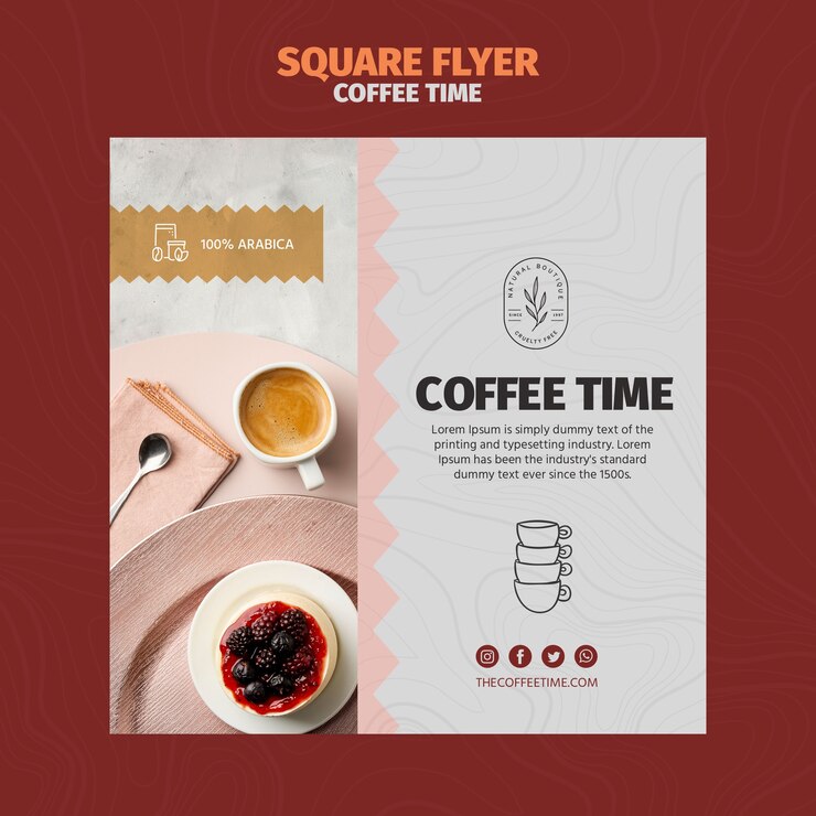 PSD grátis modelo de folheto quadrado café na xícara e bolo delicioso