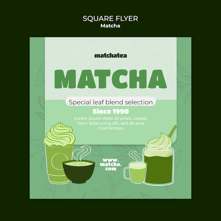 PSD grátis modelo de folheto quadrado de bebida de chá matcha.