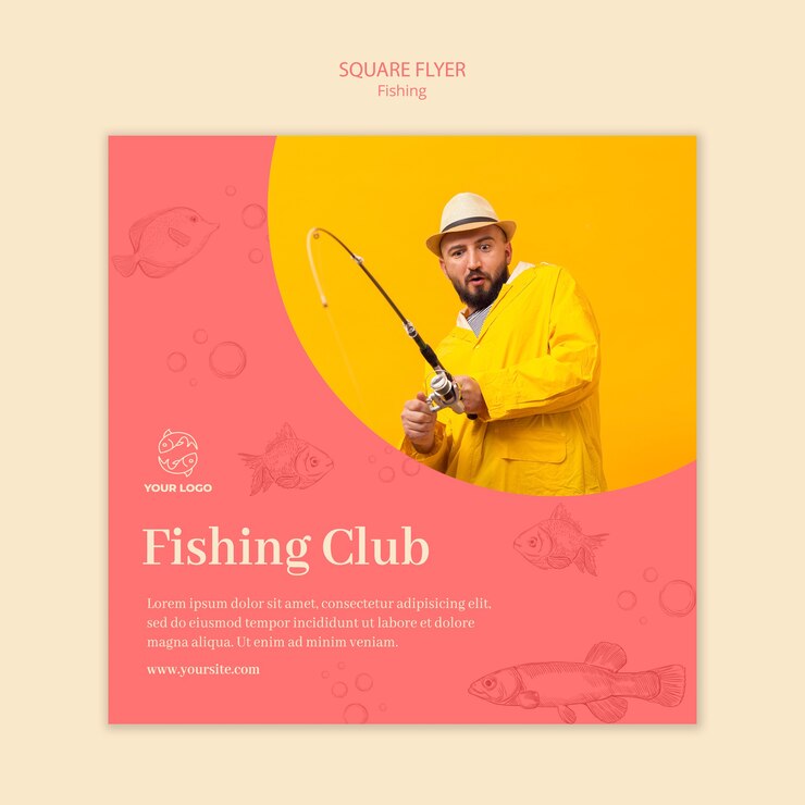 PSD grátis modelo de folheto quadrado de clube de pesca