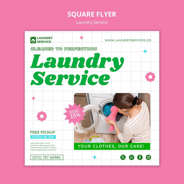 PSD grátis modelo de folheto quadrado do serviço de lavandaria