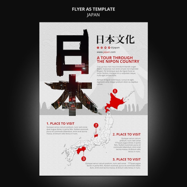 Modelo de folheto vertical de destino de viagem no Japão com símbolos japoneses