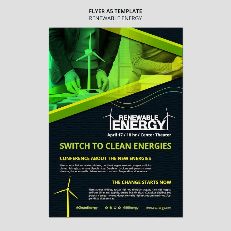 PSD grátis modelo de folheto vertical de energia renovável com turbinas eólicas