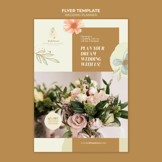 Modelo de folheto vertical de planejador de casamento com design floral em aquarela