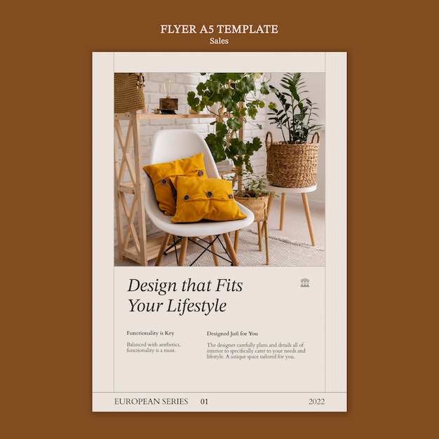 Modelo de folheto vertical de vendas de decoração de interiores com móveis