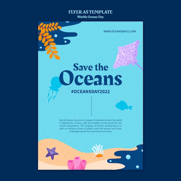 PSD grátis modelo de folheto vertical do dia mundial dos oceanos com vida marinha