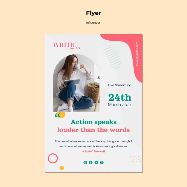 Modelo de folheto vertical para influenciadora feminina nas redes sociais