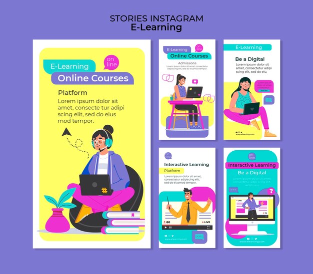 Modelo de histórias do instagram de design plano e aprendizagem