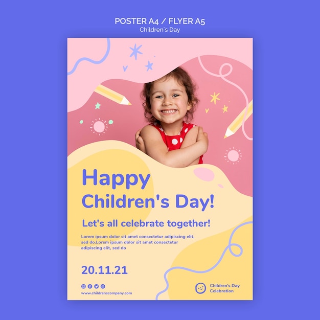 Modelo de impressão vertical para o dia das crianças com detalhes coloridos