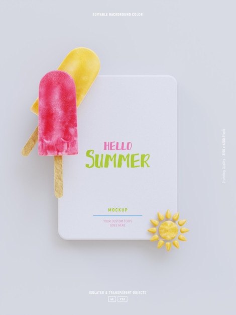 PSD grátis modelo de maquete de cartão de verão com picolés isolados e sol fofo