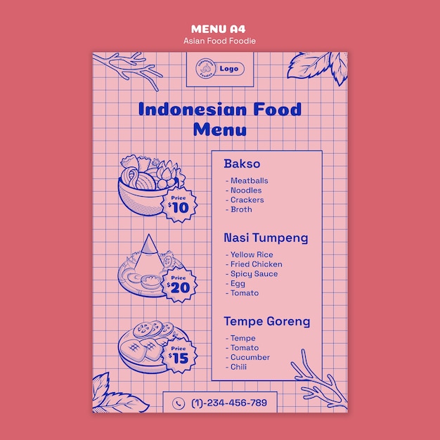 PSD grátis modelo de menu de comida asiática desenhado à mão