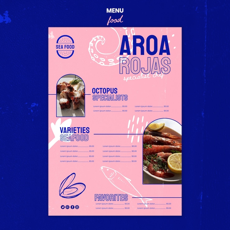 PSD grátis modelo de menu de frutos do mar deliciosos desenhados à mão
