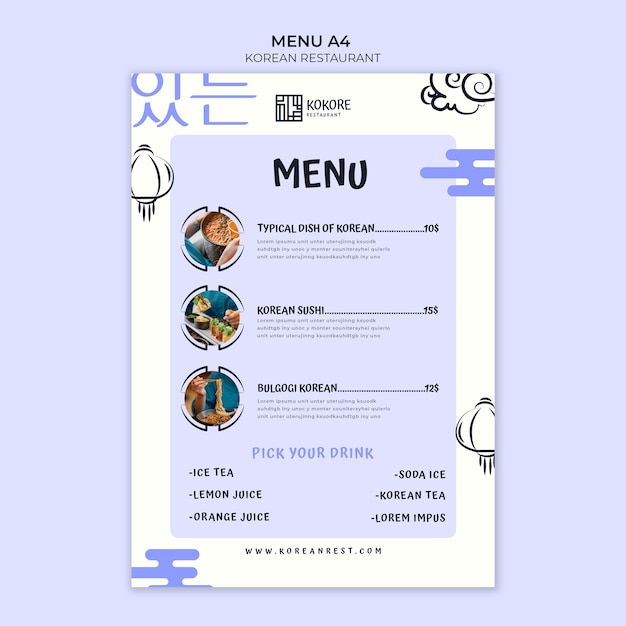 Modelo de menu de restaurante coreano