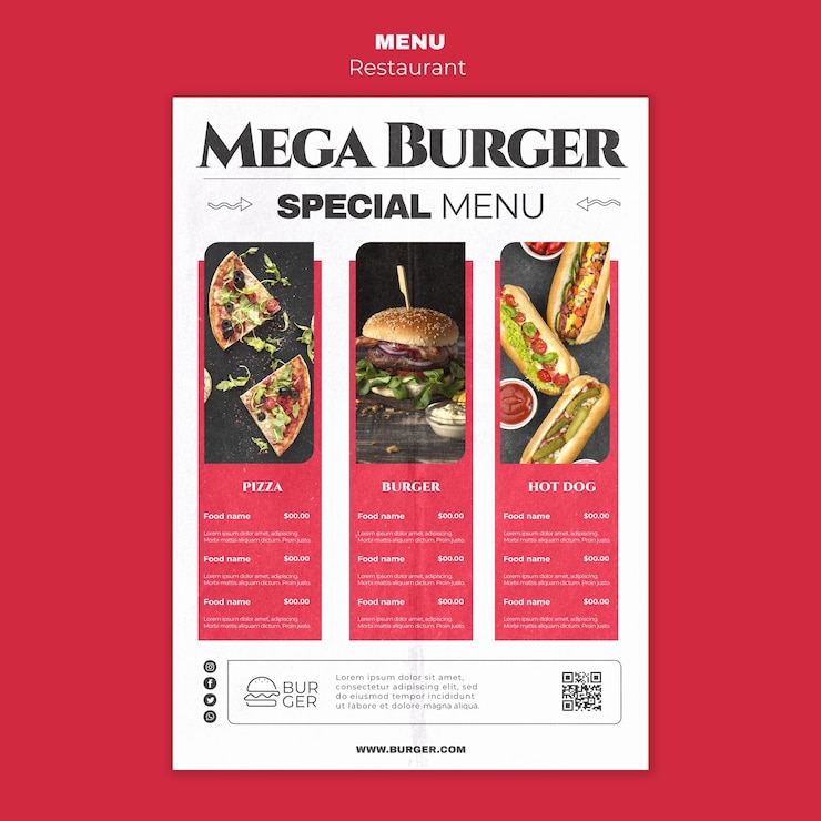 PSD grátis modelo de menu de restaurante de comida deliciosa de design plano