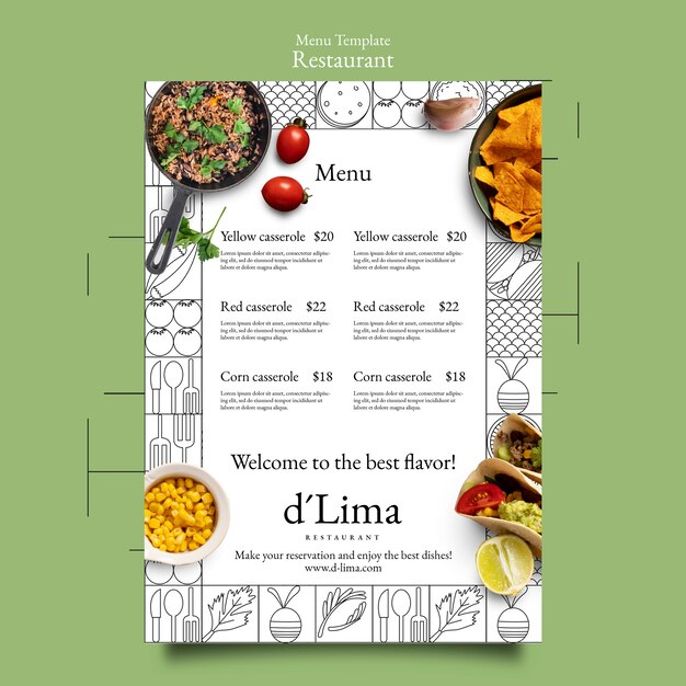 Modelo de menu de restaurante de comida deliciosa