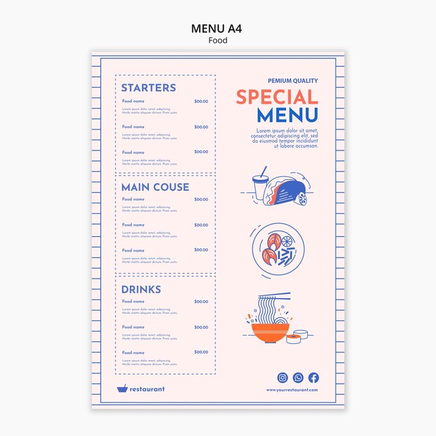 Modelo de menu de restaurante desenhado à mão com comida