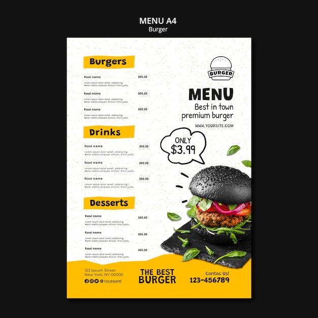 Modelo de menu de restaurante hambúrguer