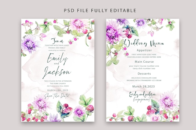 PSD grátis modelo de menu e convite de casamento em aquarela floral psd