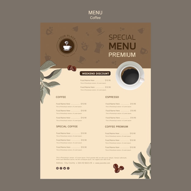 Modelo de menu especial de café