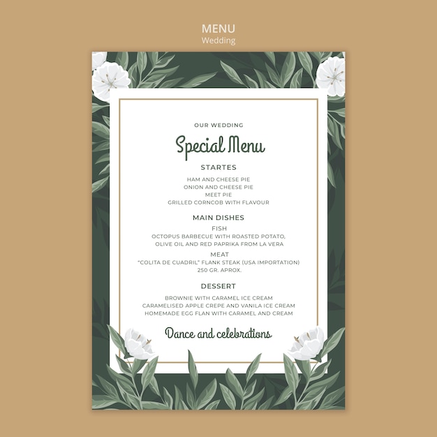 Modelo de menu floral para casamento