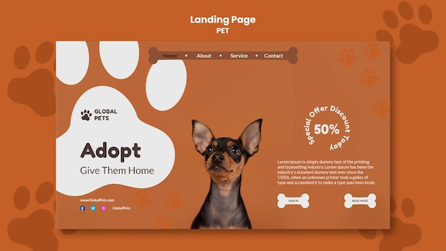 PSD grátis modelo de página de destino de adoção de animais de estimação de design plano