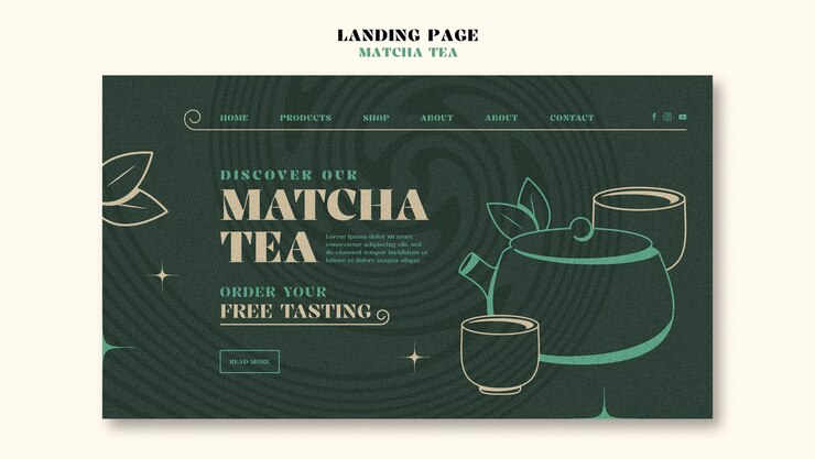 PSD grátis modelo de página de destino de bebidas de chá matcha.