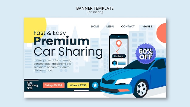 Modelo de página de destino de compartilhamento de carro de design plano