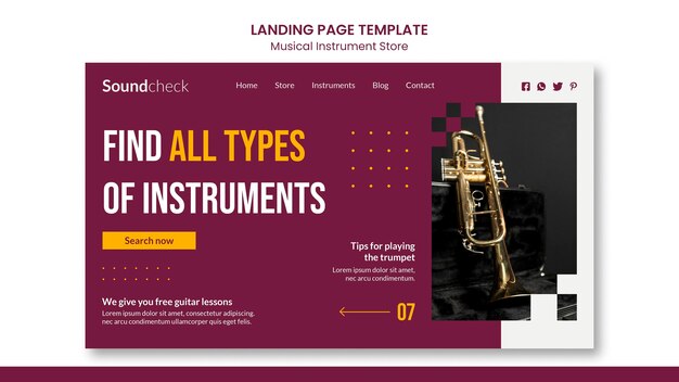 Modelo de página de destino de conceito de instrumento musical