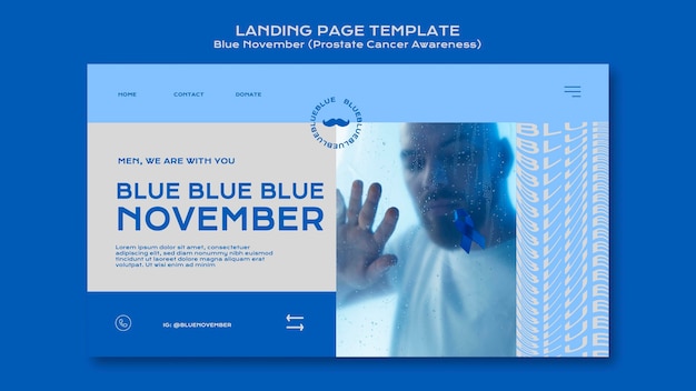 Modelo de página de destino de conscientização sobre câncer de próstata com detalhes em azul