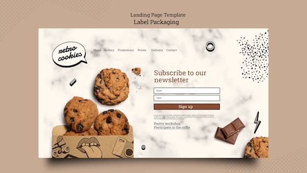 PSD grátis modelo de página de destino de embalagem de biscoitos de design plano